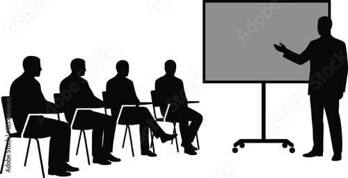 Classroom training silhouette, business seminar vector, teacher presentation icon, educational meeting graphic, learning session illustration, black and white design