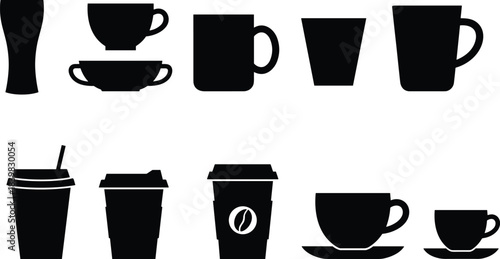Drinkware silhouette icons, coffee cups, mugs, teacups, takeaway containers, beverage shapes, black outline design, kitchenware vector set