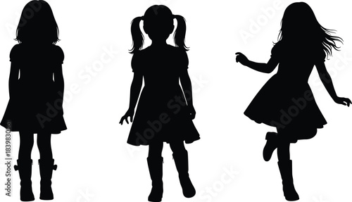 Girl silhouette vector, standing and dancing pose, children fashion icon, black figure illustration, expressive child movement design art