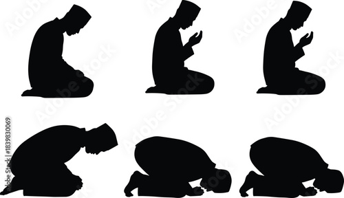 Islamic prayer silhouette, Salah positions, Muslim worship pose, prostration and bowing, religious devotion art, traditional cap, spiritual movement sequence