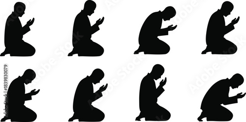 Prayer silhouette vector, kneeling figure icon, spiritual devotion art, religious gesture graphic, black and white worship illustration design