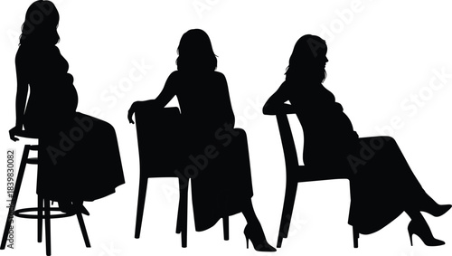 Pregnant women silhouette, seated pose, maternity concept, different chairs, pregnancy stages, abstract female form, motherhood, elegant dress, posture study
