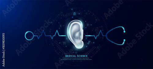 Ear organ hologram in transparent with stethoscope. Genetic icons are around. Medical science banner dark blue. Health care concept. Vector EPS10.
