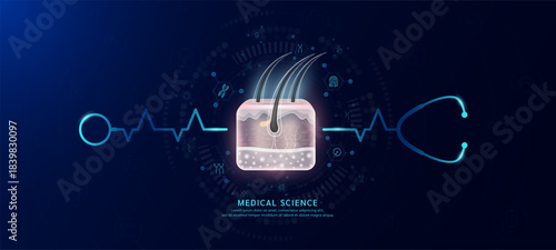 Organ hair skin hologram in transparent with stethoscope. Genetic icons are around. Medical science banner dark blue. Health care concept. Vector EPS10.