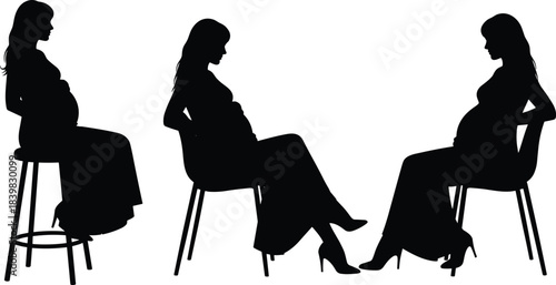Pregnant women silhouette, seated posture, maternity concept, abstract female form, baby bump art, elegant dress, high heels, maternal gesture