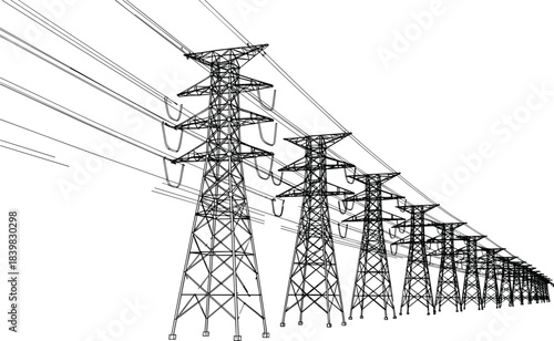 High voltage electric transmission towers with power lines industrial grid energy infrastructure design, engineering structure perspective, cad drawing flat vector illustration