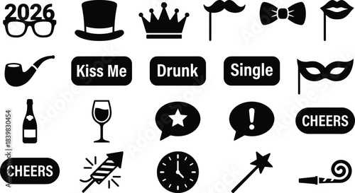 Wedding and birthday party accessory black glyph icons. Celebration photobooth kit, kiss me text, drunk sign, champagne bottle, and carnival disguise mask symbols for fun face element vector set.
