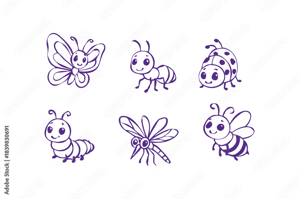 Fototapeta premium Set of cute insects line art. Vector hand draw butterfly, ant, ladybug, bee, mosquito, caterpillar, dragonfly and beetle. children illustration isolated on white background