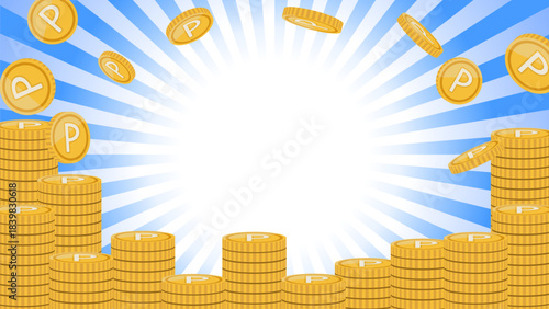 山積みのポイントコインと集中線の背景素材