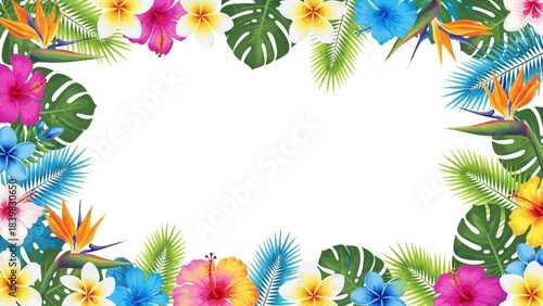 Floral Frame: Vivid blooms and tropical foliage frame a clean, empty space. This floral composition is an invitation to add your own message or image.