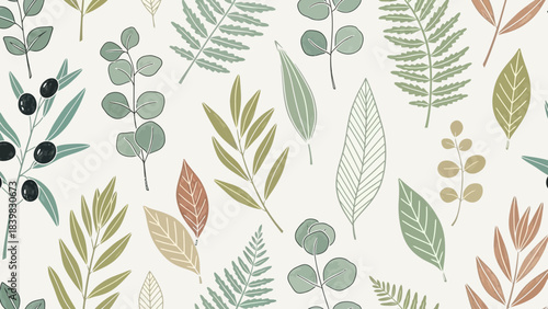 Botanical Symphony: An elegant display of various leaves, showcasing nature's artistry with delicate lines and subtle colors, creating a harmonious and artistic composition.