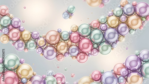 Abstract composition featuring a flowing wave of iridescent pastel spheres creating a soft and luxurious background texture for digital design projects