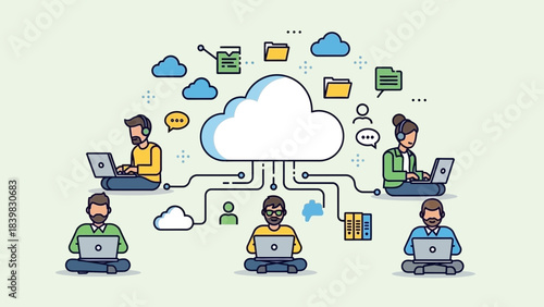 Cloud Network Collaboration: A dynamic illustration depicting a collaborative cloud network, where individuals connect and work together, signifying seamless data sharing, communication.