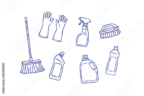 Set of cleaning supplies. vector hand drawn home chemical detergent in bottles, household tools, equipment. line art Brush, mop and gloves, housework accessories