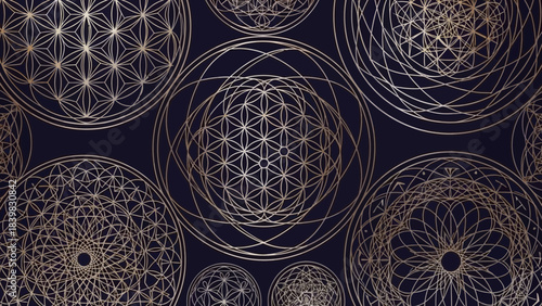 Sacred Geometry: Intricate geometric patterns composed of circles, lines, and shapes, radiate a sense of order, harmony, and spiritual depth.