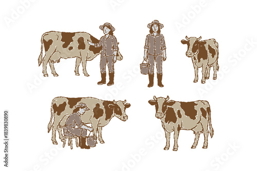 Set of Farm village hand drawn with woman farmer. Agriculture countryside rural landscape in hand drawn vintage style, cows, young woman in hat vector illustration