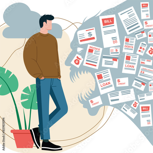 Young Man Overwhelmed by Financial Anxiety and Mental Stress from Debts, Bills, and Loans