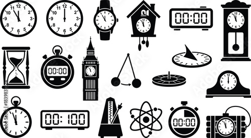 Vintage and modern timepiece black glyph icons. Cuckoo bird wall clock, big ben tower, sandglass, and speed chronograph symbols for deadline delivery and urgent alert graphic element vector set.
