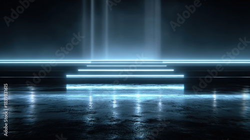 Futuristic Light Stage with Neon Strips and Reflective Surface in Dark Environment