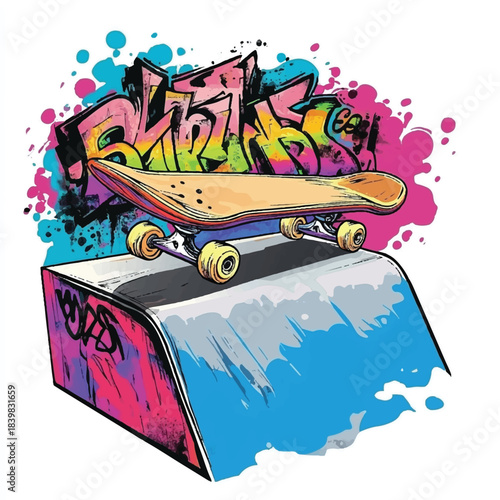 Graffiti art skateboard on a ramp with vibrant colors.