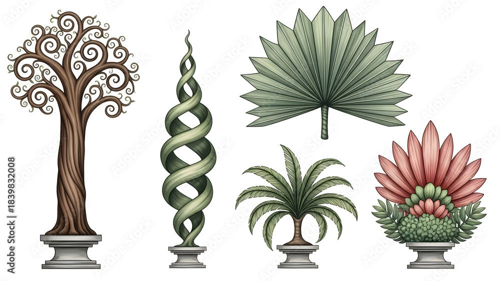 Fototapeta premium Stylized decorative plants and tree on pedestals ornamental
