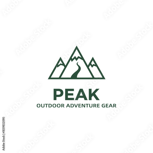 Peak Outdoor Adventure Gear Logo with Three Mountains and Winding Path for Nature Brand