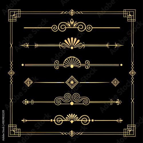 Premium Gold and Black Geometric Flourish Set.Set of Classic Art Deco Ornamental Borders and Dividers. 