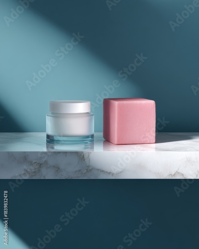 Frosted glass cream jar and pink clay cube on white marble shelf for luxury skincare packaging beauty brand mockup editorial commercial use

