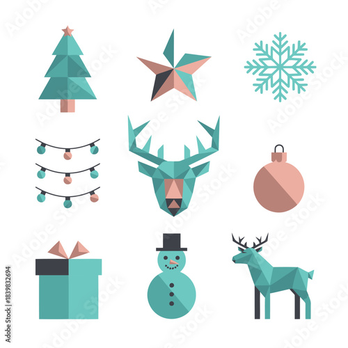Flat Geometric Low Poly Christmas and Winter Holiday Icons Set in Blue Pink Color Scheme