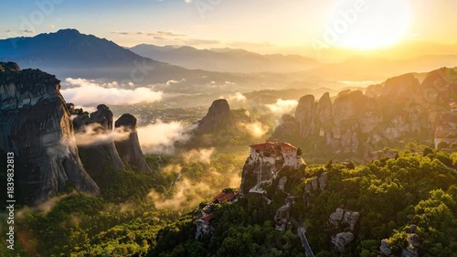 Stunning Aerial View of Meteora Monasteries at Sunrise