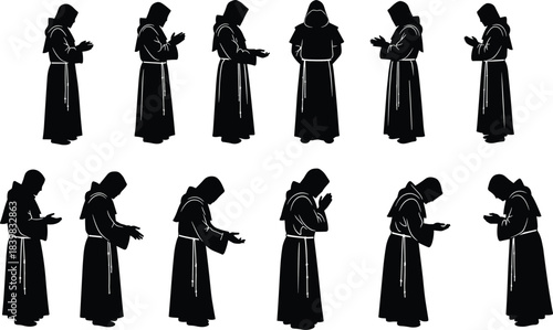 Monk praying in hooded robe silhouette set showing different poses of meditation and prayer, cad drawing flat vector illustration
