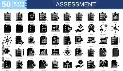 Assessment  icon collection set. Containing evaluation, concept, analysis, risk, management, test, Survey, Audit, Business, questionnaire icon