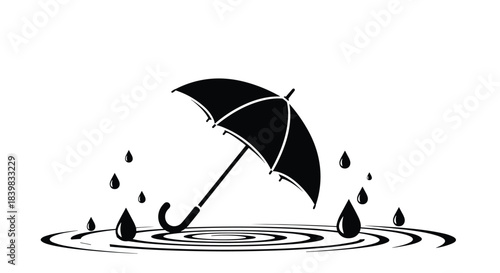A black umbrella provides shelter from falling raindrops, creating concentric ripples in puddles below, in a simple monochrome illustration.