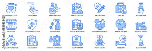 Health and hygiene icon collection set. Containing health protection, sanitizer, disinfectant, hand wash, brushing teeth, health checkup, body hygiene icon. blue style vector illustration.