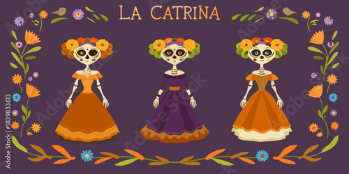 Colorful la catrina illustrations with floral wreaths and decorative skull designs