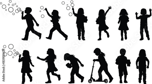Black silhouettes of children playing and blowing bubbles on a white background kids