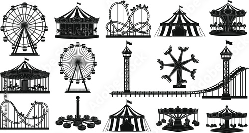 Black Silhouettes of Amusement Park Rides and Attractions on White Background Keywords: amusement park, silhouette, Ferris wheel