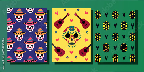 Colorful day of the dead patterns featuring skulls guitars and hearts