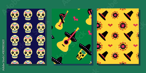 Colorful triptych featuring dia de los muertos and musical instrument patterns