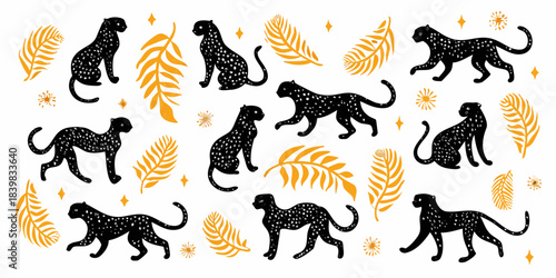 Stylized black silhouettes of leopards with golden tropical leaves and floral accents