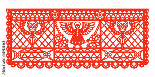 Intricate red papel picado banner with skull and angel designs