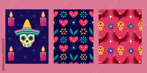 Colorful day of the dead themed patterns with skulls candles and birds