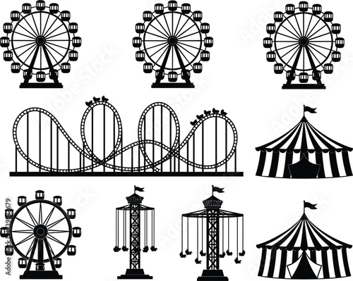 Collection of amusement park rides and attractions in silhouette on white background Keywords: amusement park, rides