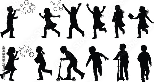 Children Silhouettes Engaged in Playful Activities on White Background kids