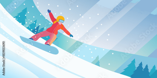 A joyful skier descends a snowy mountain slope in a vibrant illustration