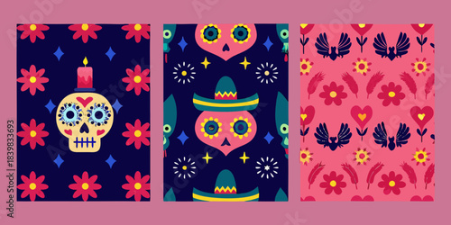 A vibrant collection of three day of the dead inspired patterned panels