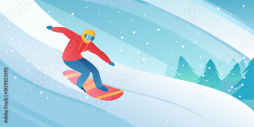 A person snowboarding down a snowy mountain slope in a winter scene