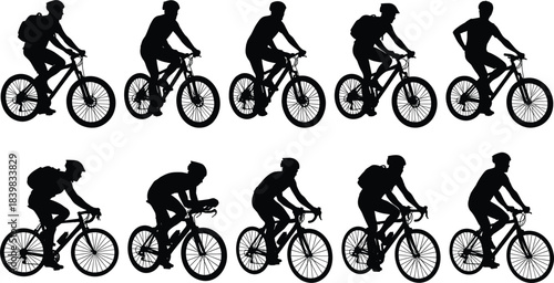 Collection of male cyclist silhouettes in motion on bicycles cycling bike