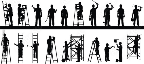Construction workers in silhouette with ladders scaffolding and tools in action poses builder