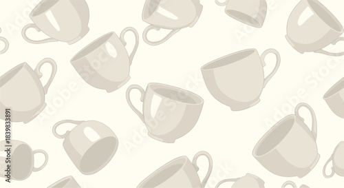 A seamless pattern of scattered light beige teacups and coffee mugs on a soft cream background, creating a gentle and inviting household design.
